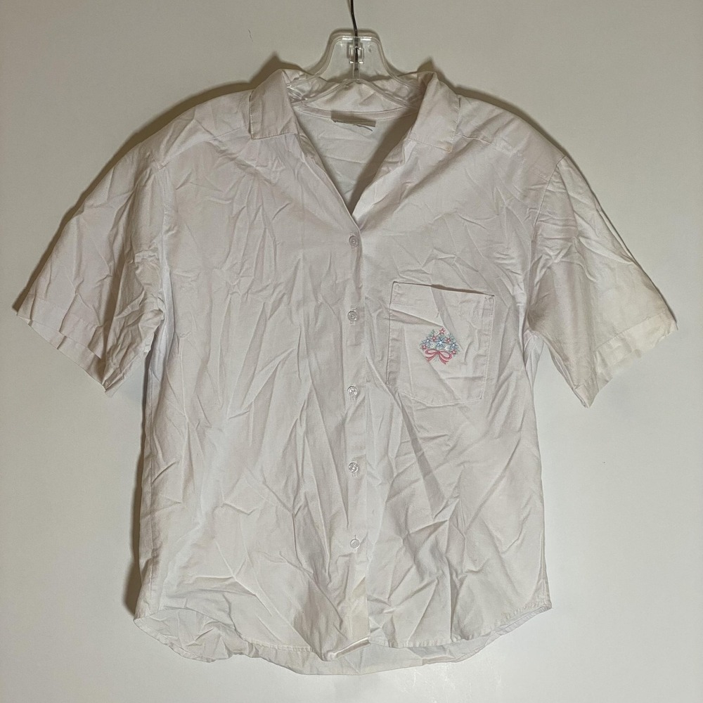 Vintage‎ Fire Islander Top Womens Medium White Floral Bow Embroidered USA 80s M